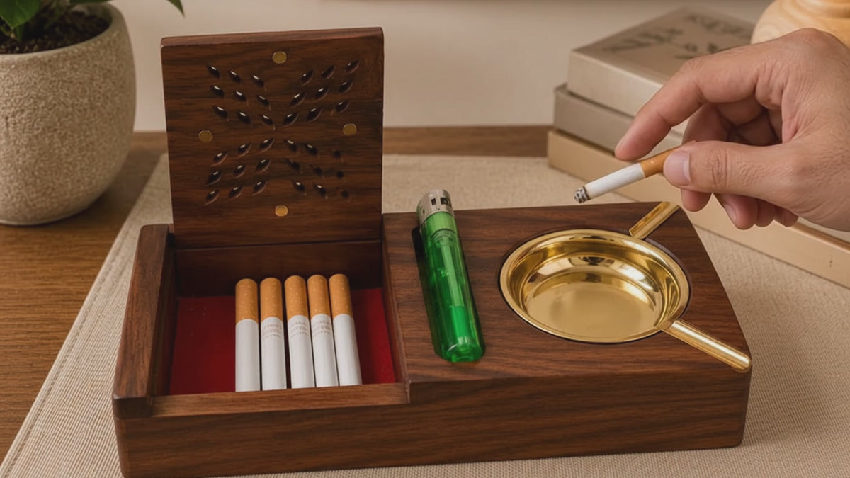 Pack of 2 Handcrafted Wooden Ashtray with Cigarette Storage Box & Brass Ash Bowl