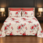 Whimsy Weave Red Blossom Print Bedsheet Set on a bed