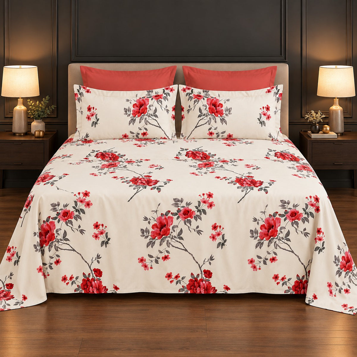 Whimsy Weave Red Blossom Print Bedsheet Set on a bed