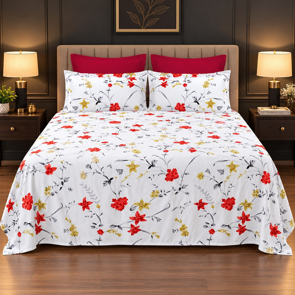 Whimsy Weave Red Starflower Print Bedsheet Set on a bed