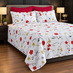 Red Starflower Print Bedsheet Set close-up of print and pillow covers