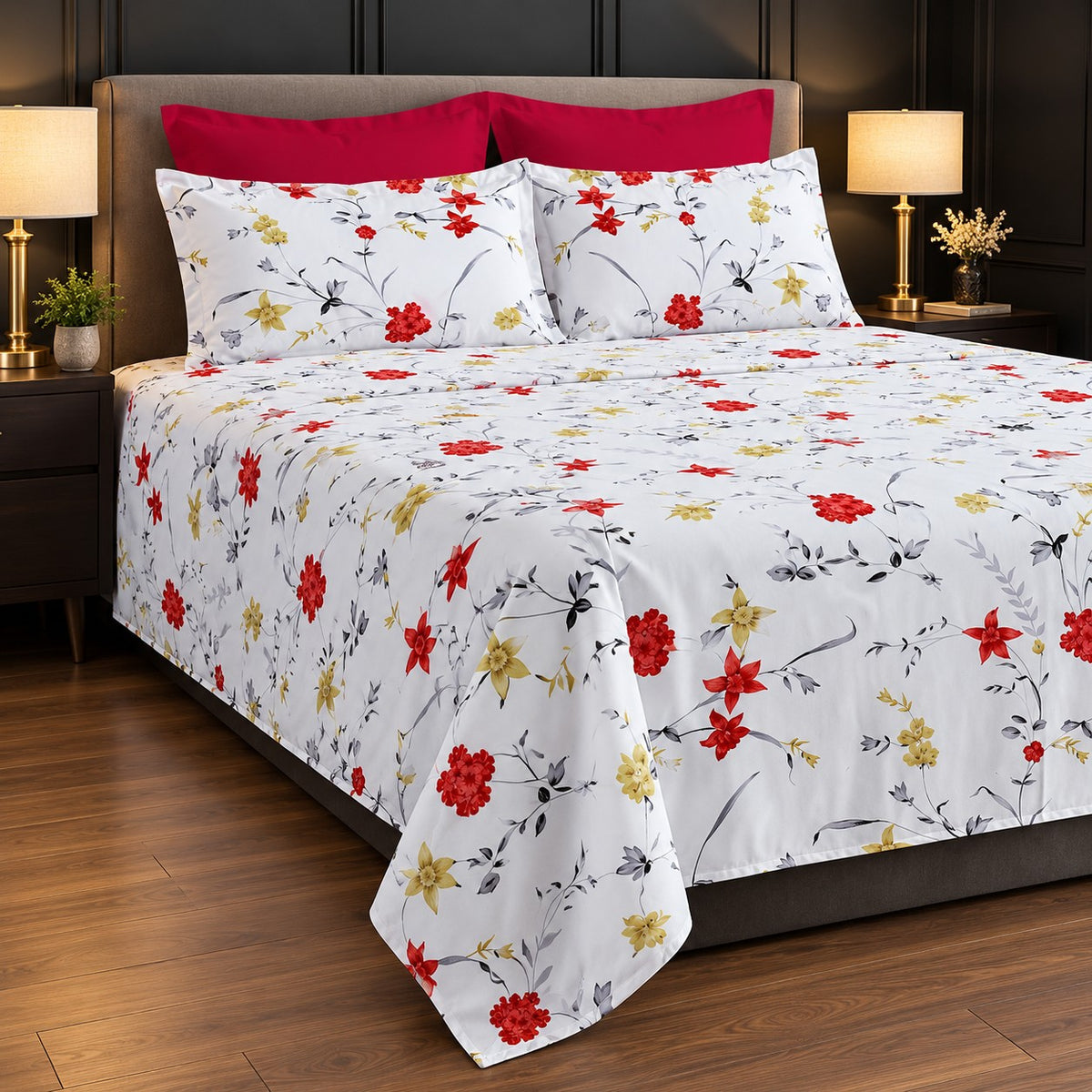 Red Starflower Print Bedsheet Set close-up of print and pillow covers