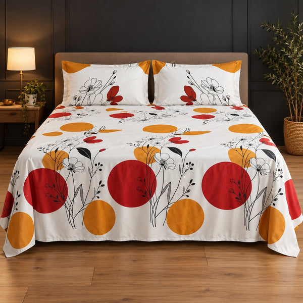 Whimsy Weave Red Sun Bloom Print Bedsheet Set on a bed