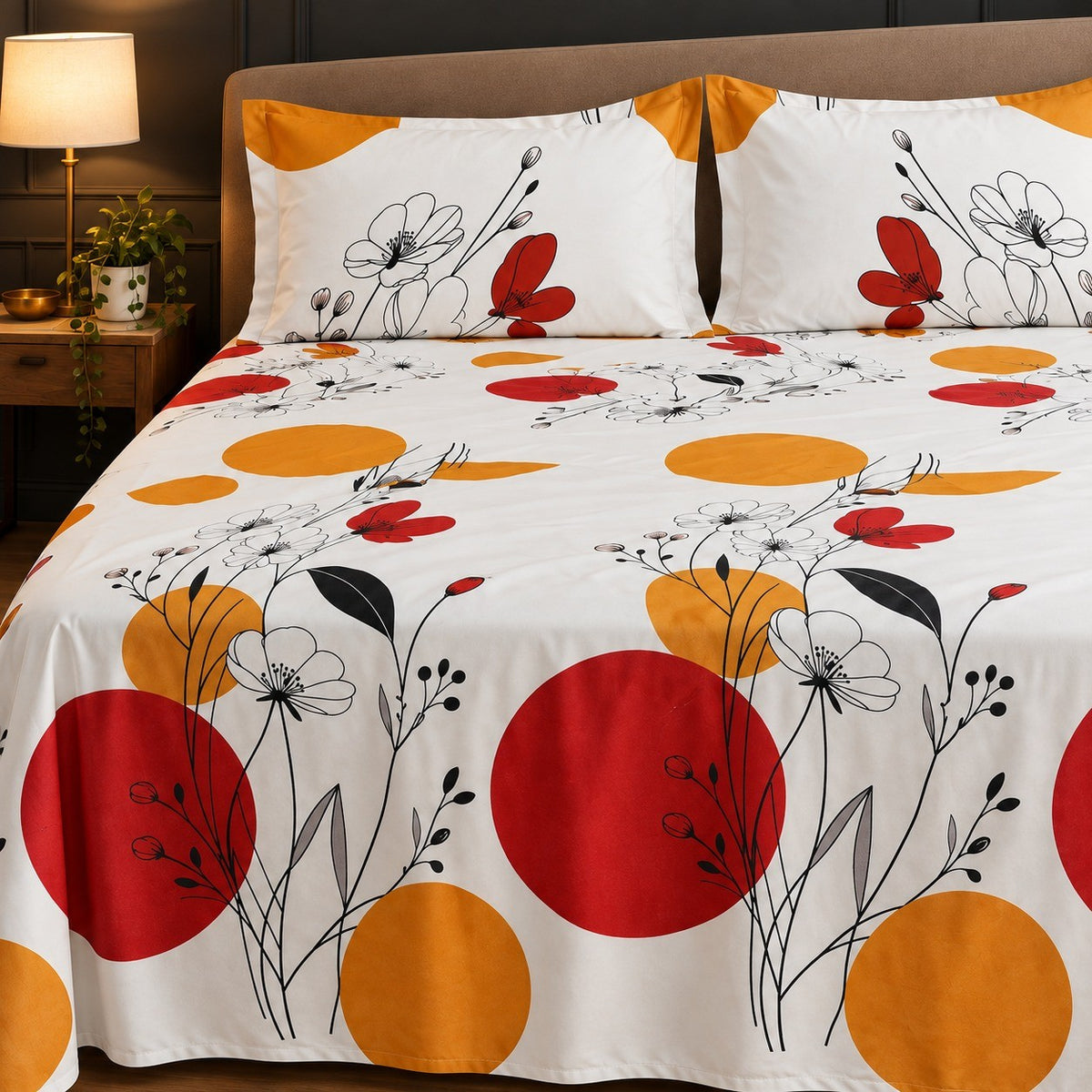 Red Sun Bloom Print Bedsheet Set close-up of print and pillow covers