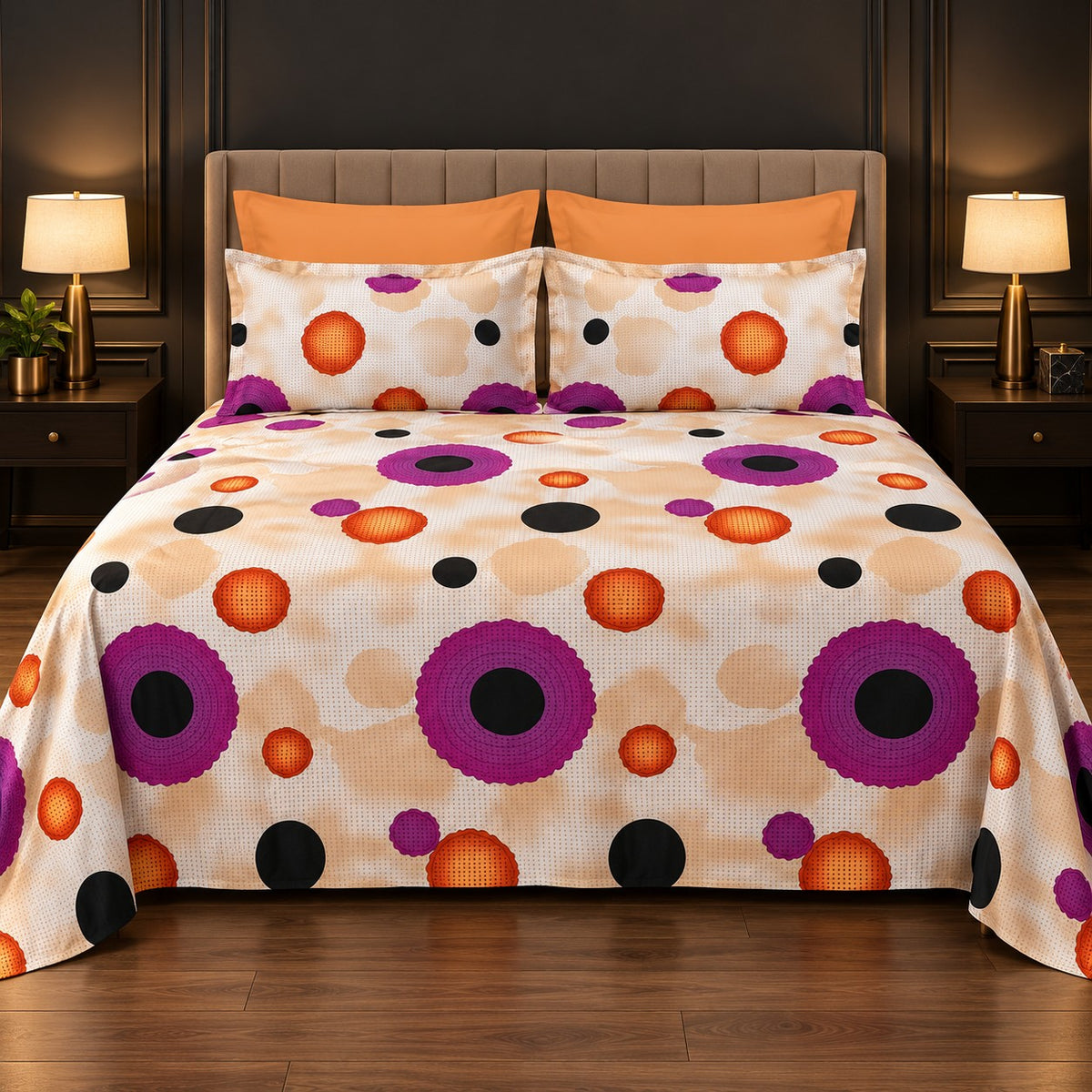 Whimsy Weave Retro Circle Print Bedsheet Set on a bed
