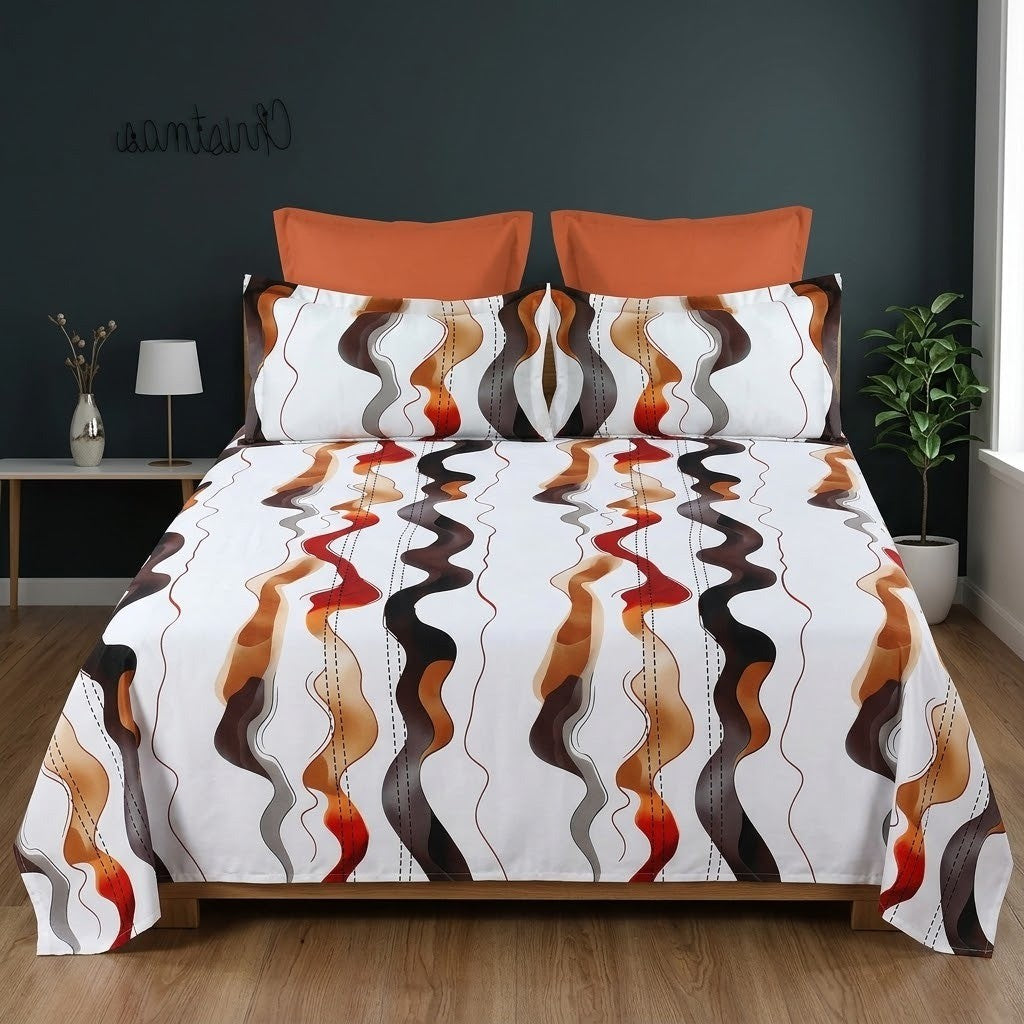 Whimsy Weave Rust Wave Print Bedsheet Set on a bed