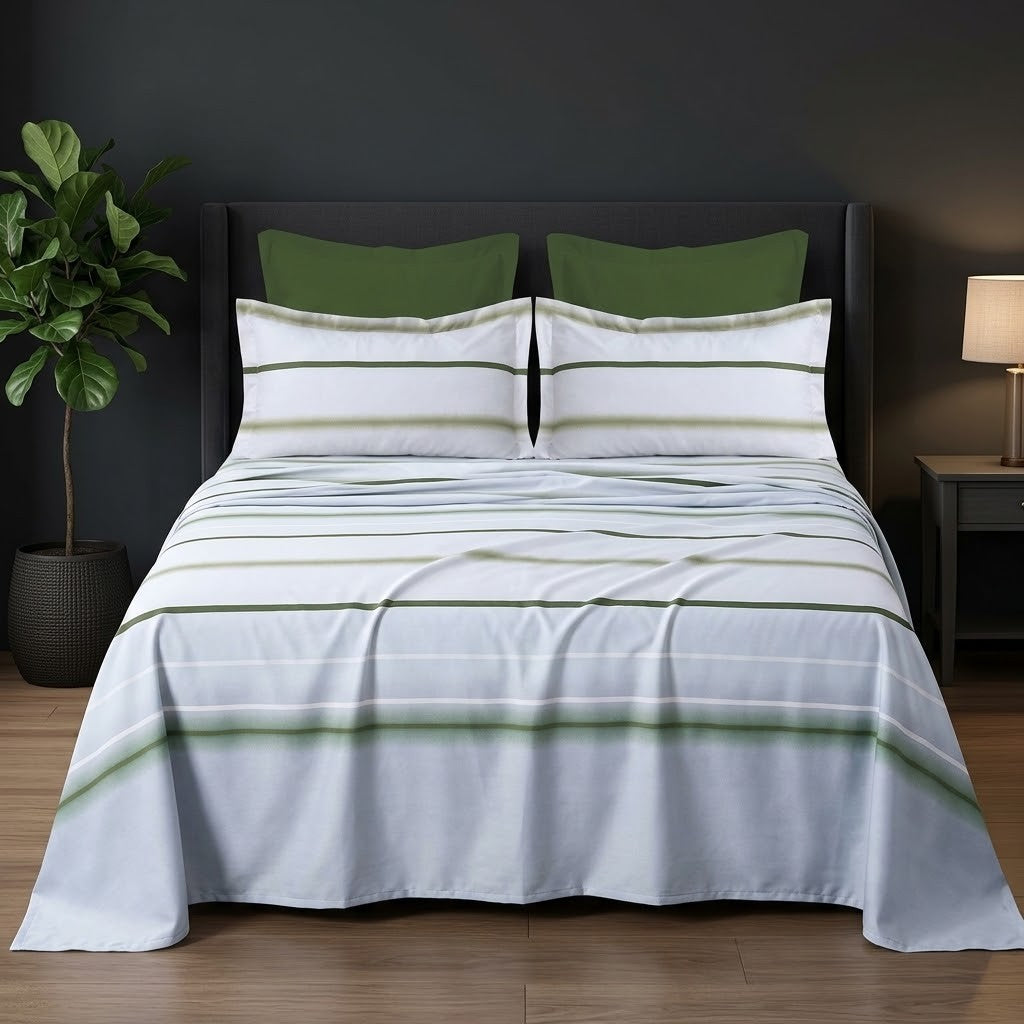 Whimsy Weave Sage Stripe Print Bedsheet Set on a bed
