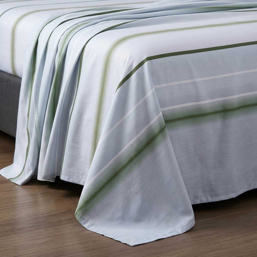Sage Stripe Print Bedsheet Set close-up of print and pillow covers
