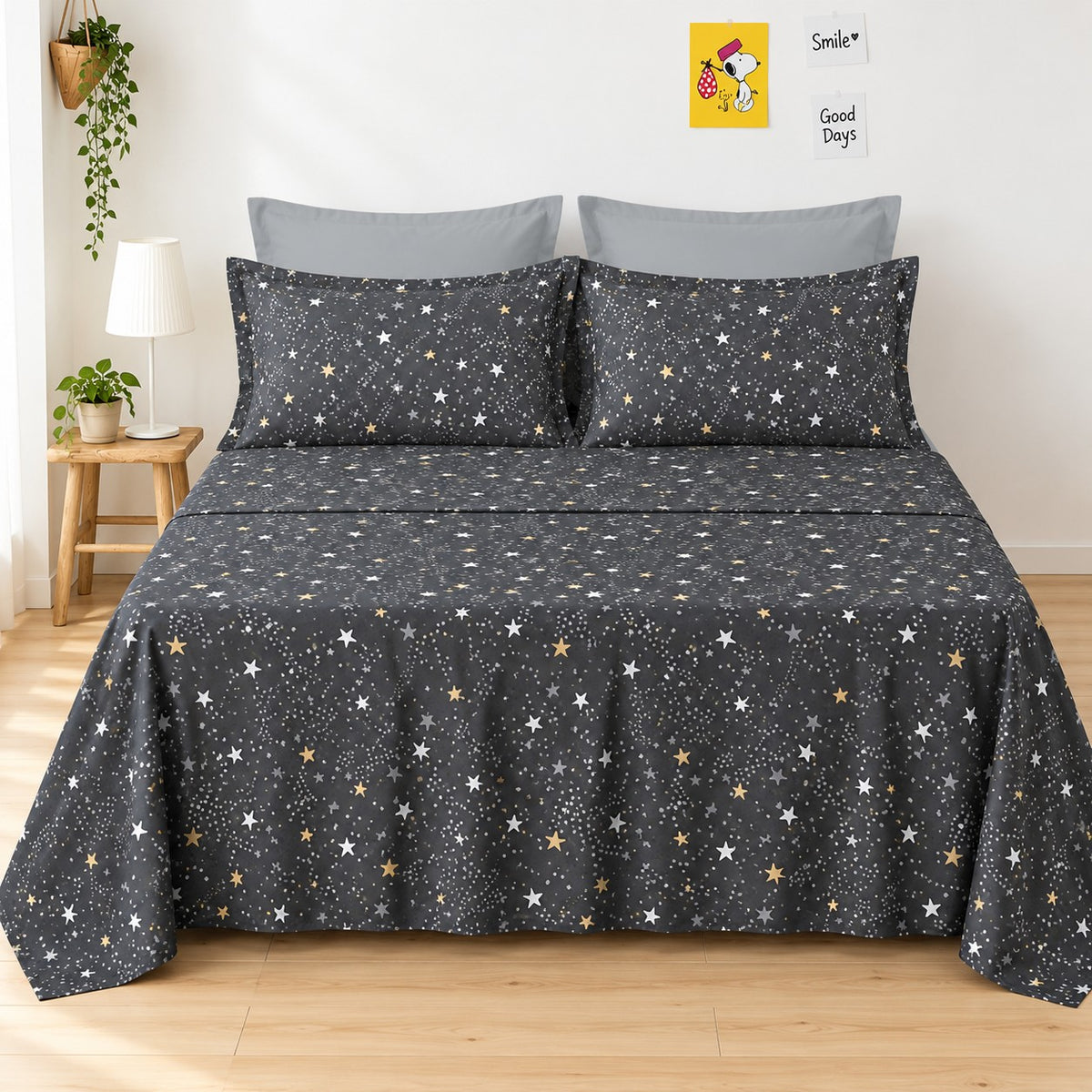 Whimsy Weave Starry Night Print Bedsheet Set on a bed