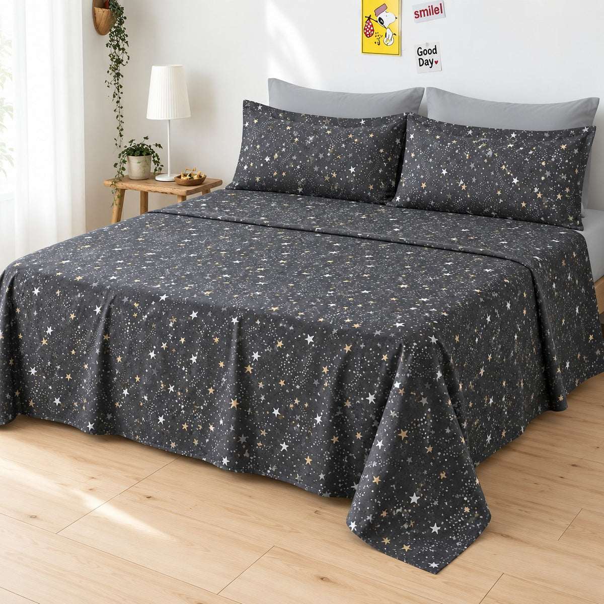 Starry Night Print Bedsheet Set close-up of print and pillow covers