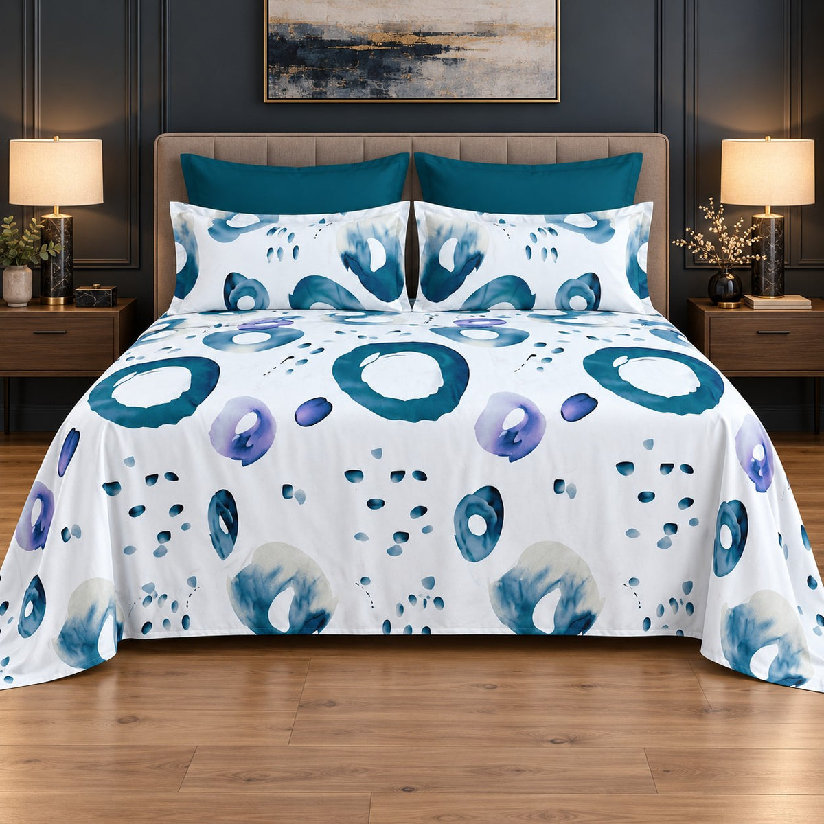 Whimsy Weave Teal Ring Print Bedsheet Set on a bed