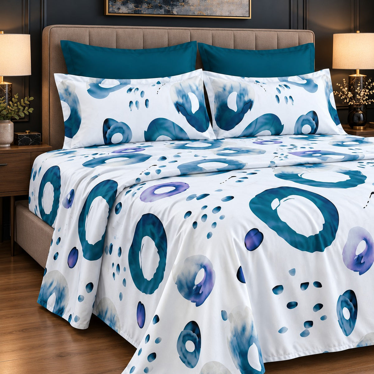Teal Ring Print Bedsheet Set close-up of print and pillow covers
