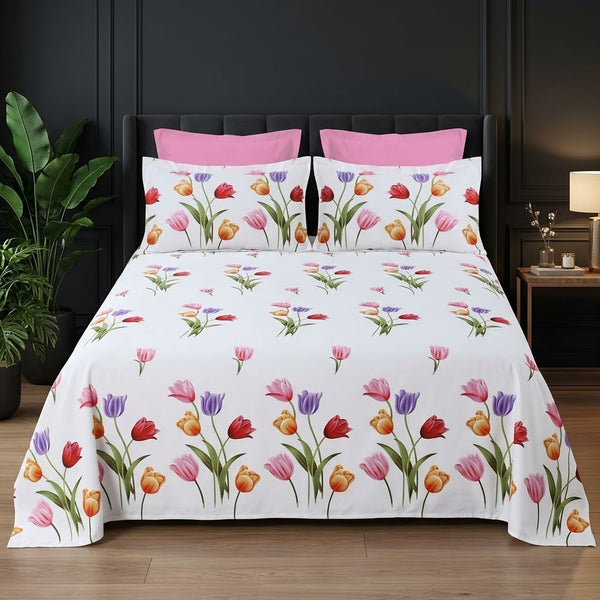 Whimsy Weave Tulip Garden Print Bedsheet Set on a bed
