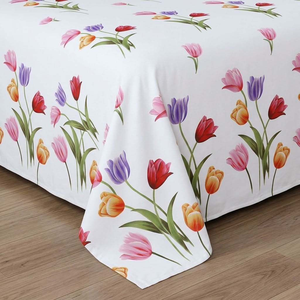 Tulip Garden Print Bedsheet Set close-up of print and pillow covers