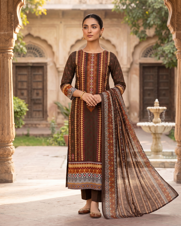 3 Pieces - Neova Unstitched Coffee Brown Print Lawn Suit