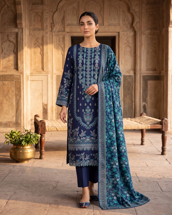 3 Pieces - Neova Unstitched Navy Blue Print Lawn Suit