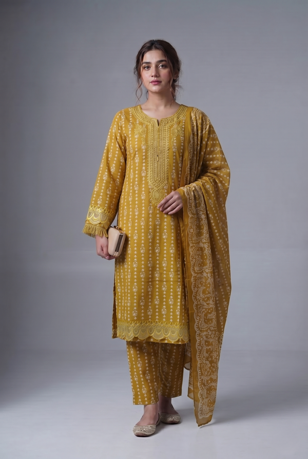 PC-555 Printed Embroidered Stitched Suit 3PC