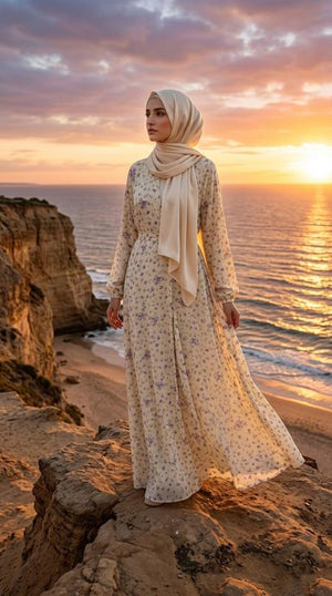 Hash white flowery Abaya