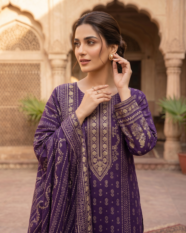 3 Pieces - Neova Unstitched Purple Print Lawn Suit