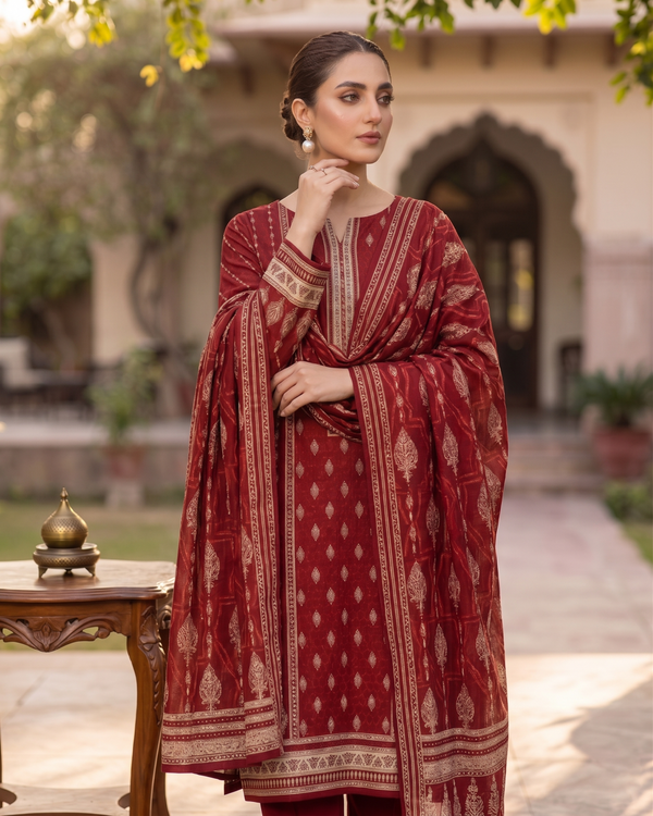 3 Pieces - Neova Unstitched Maroon Print Lawn Suit
